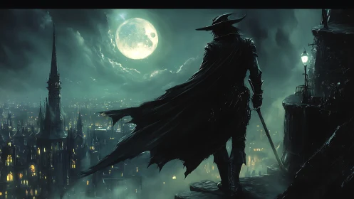 Moonlit hunter overlooking gothic city skyline at night.