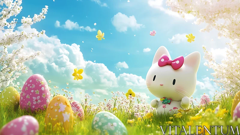 Cute cartoon cat in spring meadow with Easter eggs.