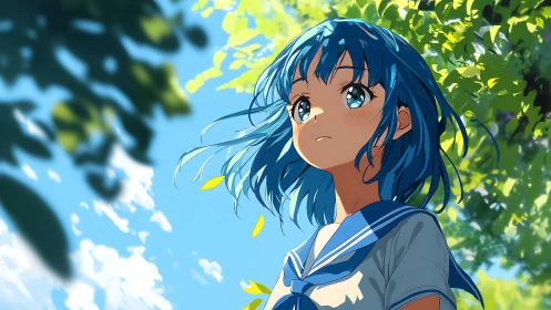 Blue haired student in uniform under sunlit green foliage.