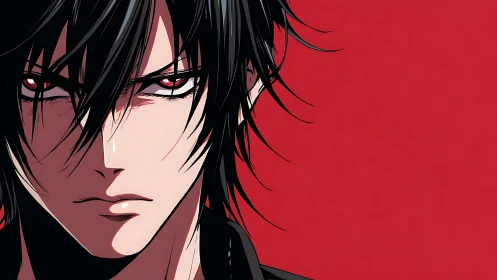 Brooding anime antihero glares against vivid red void