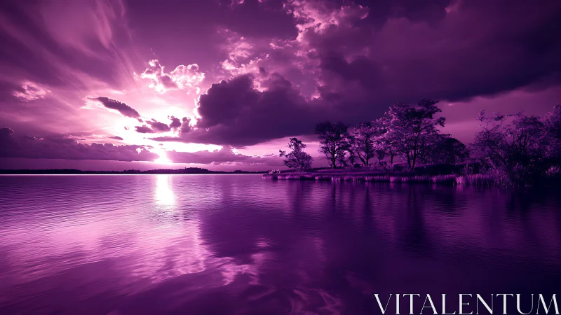 Violet storm-swept sunset over whispering lake and trees.