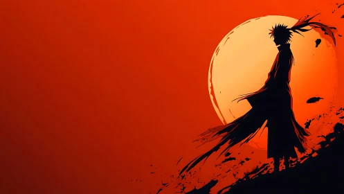 Silhouetted figure before large sun on red gradient sky.