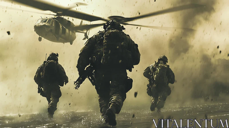 Armed soldiers advancing under helicopter in dusty zone.