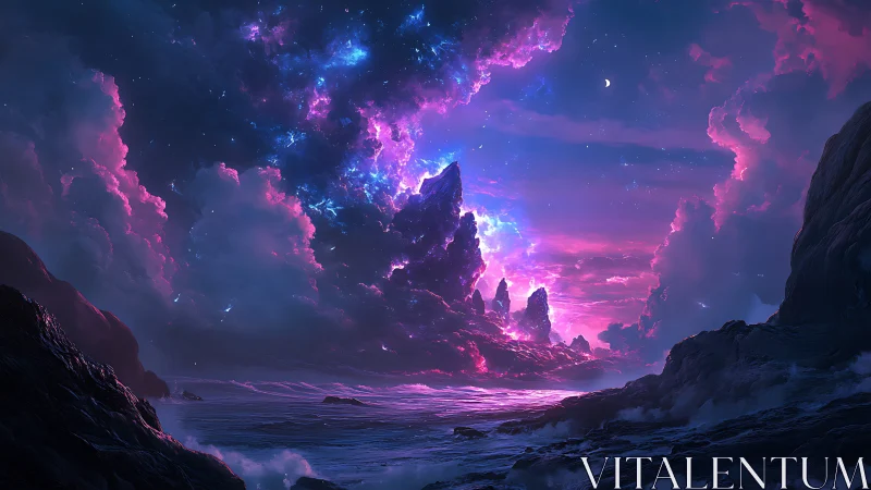 Nebula shorelines beneath prismatic cosmic storm clouds.