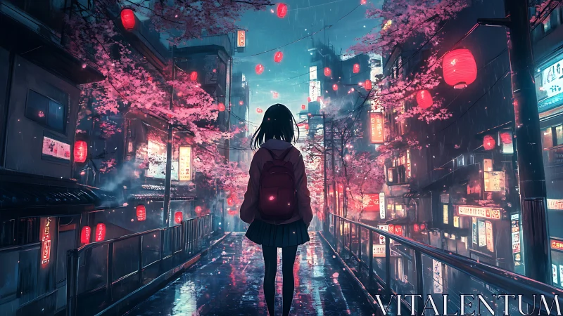 Solitary girl walks under neon lanterns and cherry blossoms.