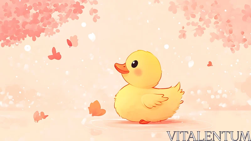 Playful duckling beneath soft pink spring blossoms.