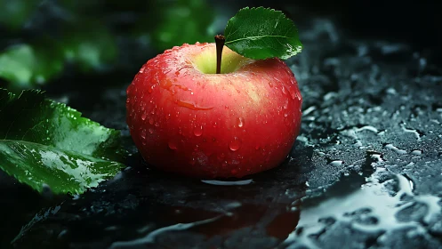 Dewy red apple glowing softly against a dark wet surface.