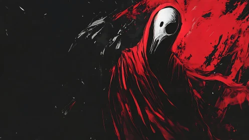 Shrouded wraith in crimson cloak amid abstract void.