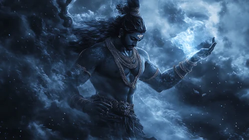 Mystical blue deity shaping swirling cosmic energy clouds.