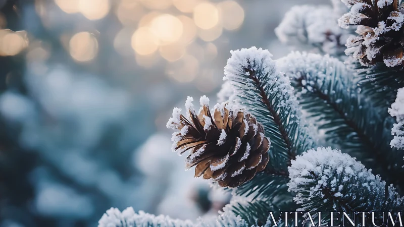 Frosted pine cones on winter branches in soft bokeh glow.