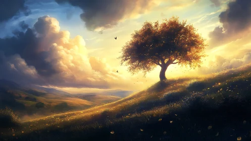 Solitary hillside tree under volumetric sunset cloudscape