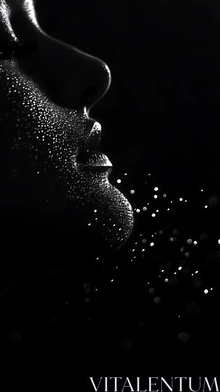 Monochrome profile with glittered skin and floating sparks.