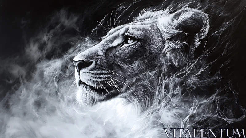 Monochrome lion profile emerging from swirling white smoke.