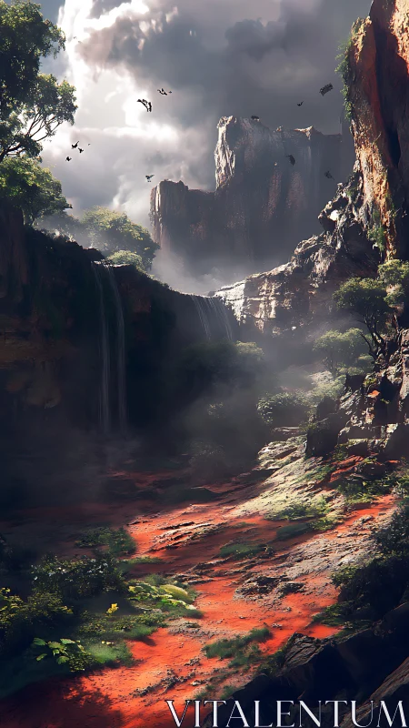 Red canyon valley with waterfalls under stormy sky.