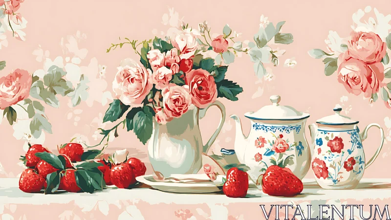 Gentle strawberry tea scene celebrates soft floral charm