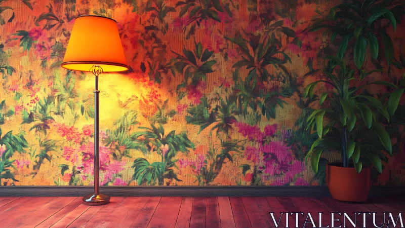 Cozy orange lamp against lush tropical mural glow.