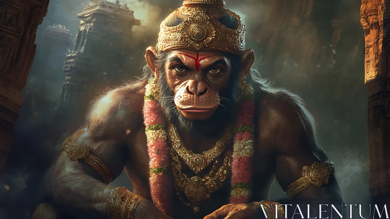 Crowned simian warrior studies mortals from a misty temple hall