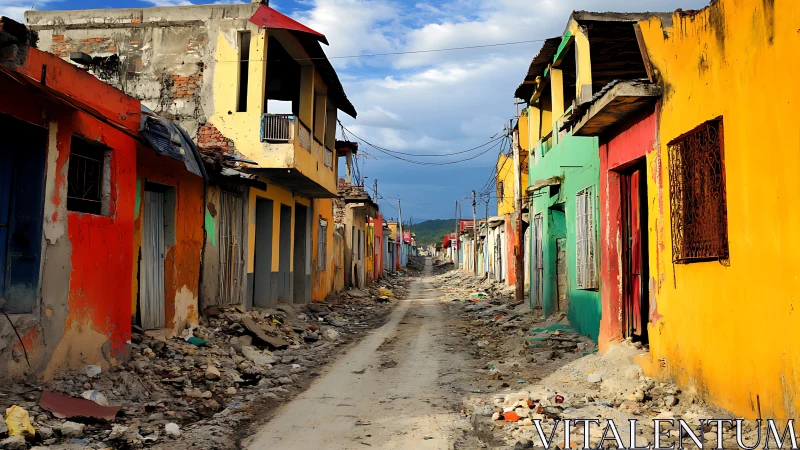 Colorful ruined street frames long debris-lined passage.