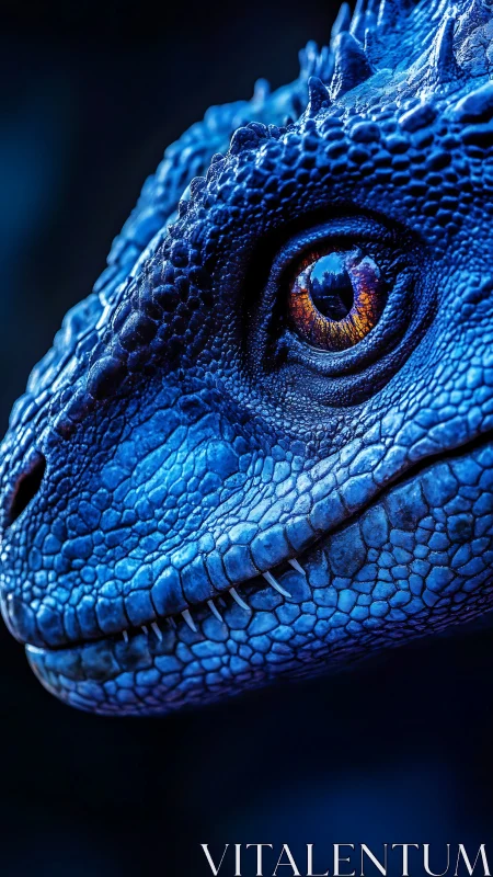 Sapphire-scaled dragon close-up reveals fiery amber eye.