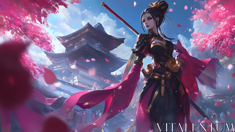 Crimson samurai commands petals and silence before the temple