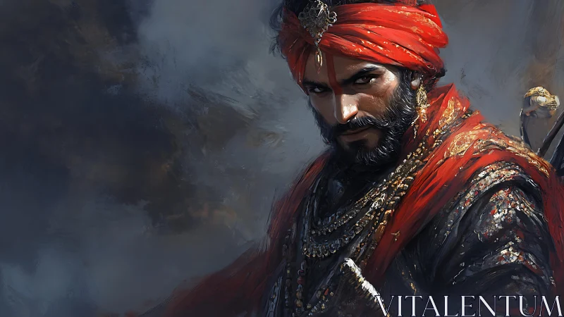 Regal warrior in crimson turban gazes out with calm resolve
