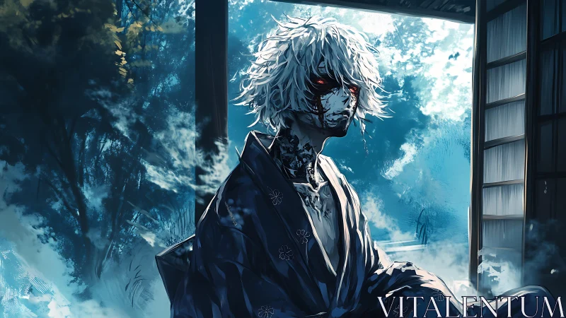 Haunting swordsman resting in a quiet blue forest retreat.