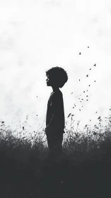 Silhouetted child stands in field as birds rise skyward.