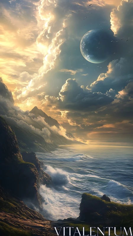 Coastal cliffs meet turbulent sea under massive alien planet