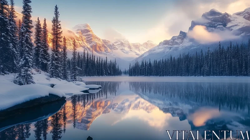 Snowy mountain lake with pine forest at sunrise reflection.