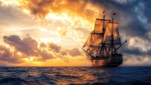 Sunlit square-rigged tall ship under dynamically lit cumulonimbus.