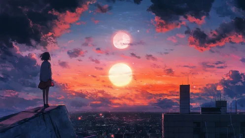 Girl watches twin suns over glowing futuristic city skyline