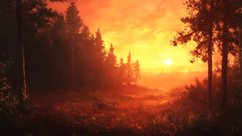 Golden forest sunrise bathes misty woodland in warm light