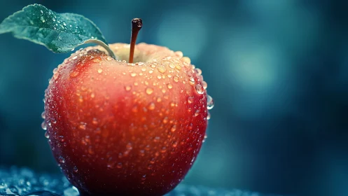 Red apple with water droplets against cool blue background.