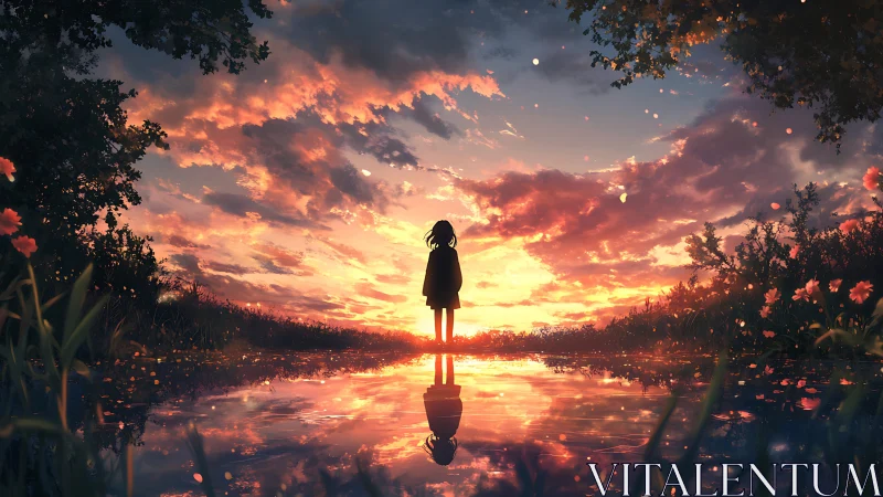 Silhouetted girl at reflective sunset pond with glowing clouds