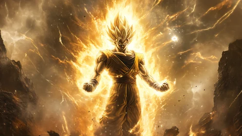 Blazing warrior stands in a storm of golden cosmic power