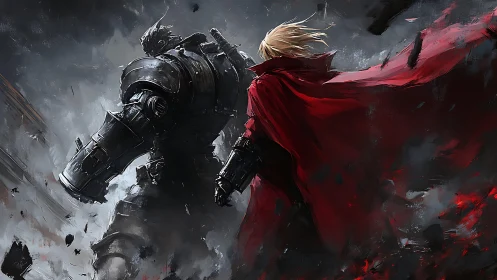 Armored giant and red‑cloaked fighter in stormy battle