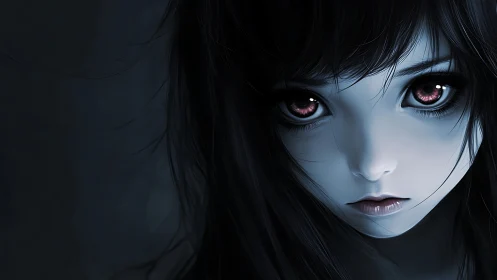 Nocturnal chromatic portrait of red-eyed anime subject.