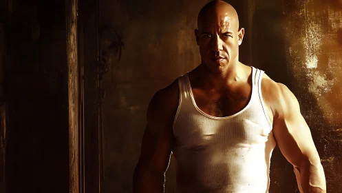 Muscular figure in harsh side lighting within grunge interior.