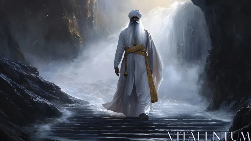 Mystic elder walking through mist and waterfall light.