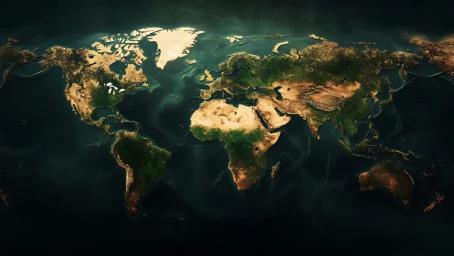Detailed world map with continents in warm, shaded light.