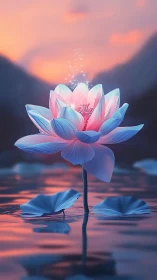 Bioluminescent lotus over reflective sunset water surface.