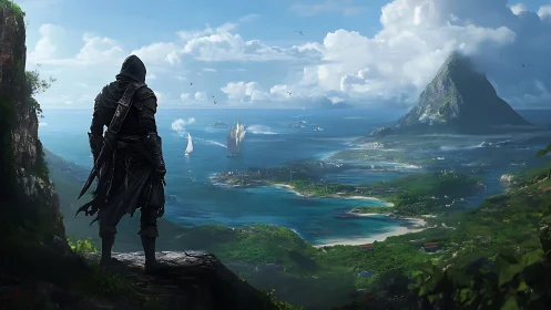 Vigilant Explorer Overlooking Archipelago Landscape.