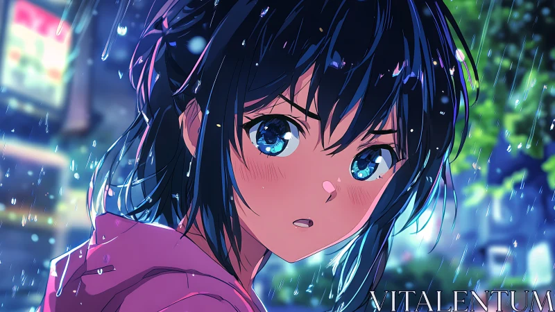 Rain-soaked anime girl gazes back under neon night sky