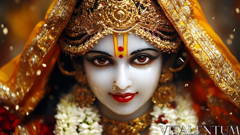 Hindu deity statue face with ornate golden crown and veil