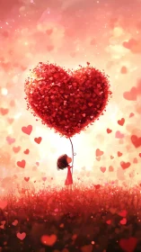 Heart-Shaped Tree Balloon Held by Figure in Red Field