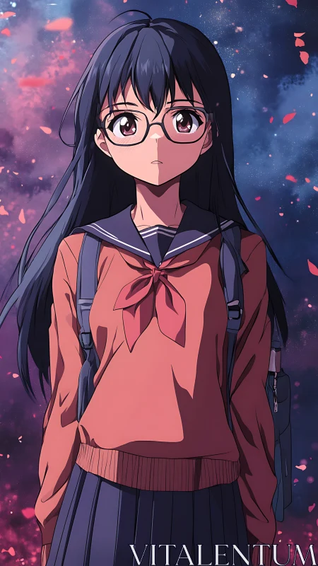 Anime schoolgirl with glasses against abstract night sky.
