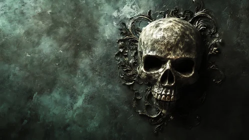 Metallic human skull relief is mounted on textured dark wall