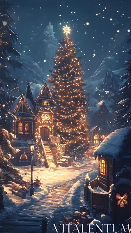 Cozy snowy village glowing with a magical Christmas tree.
