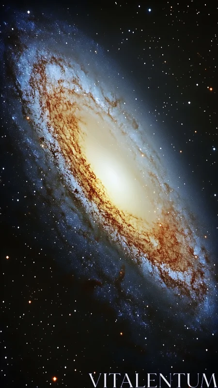 Spiral galaxy core glows amid dust lanes and stellar halo field