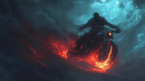 Flaming motorcycle rider charges through stormy blue clouds.